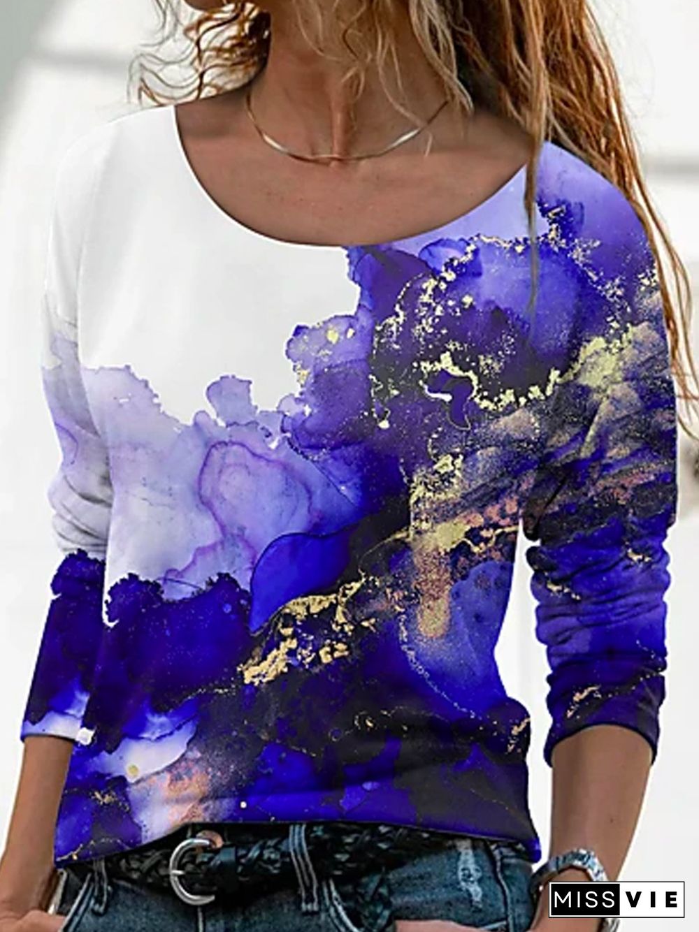 Floral-Print Crew Neck Cotton-Blend Long Sleeve T-shirt