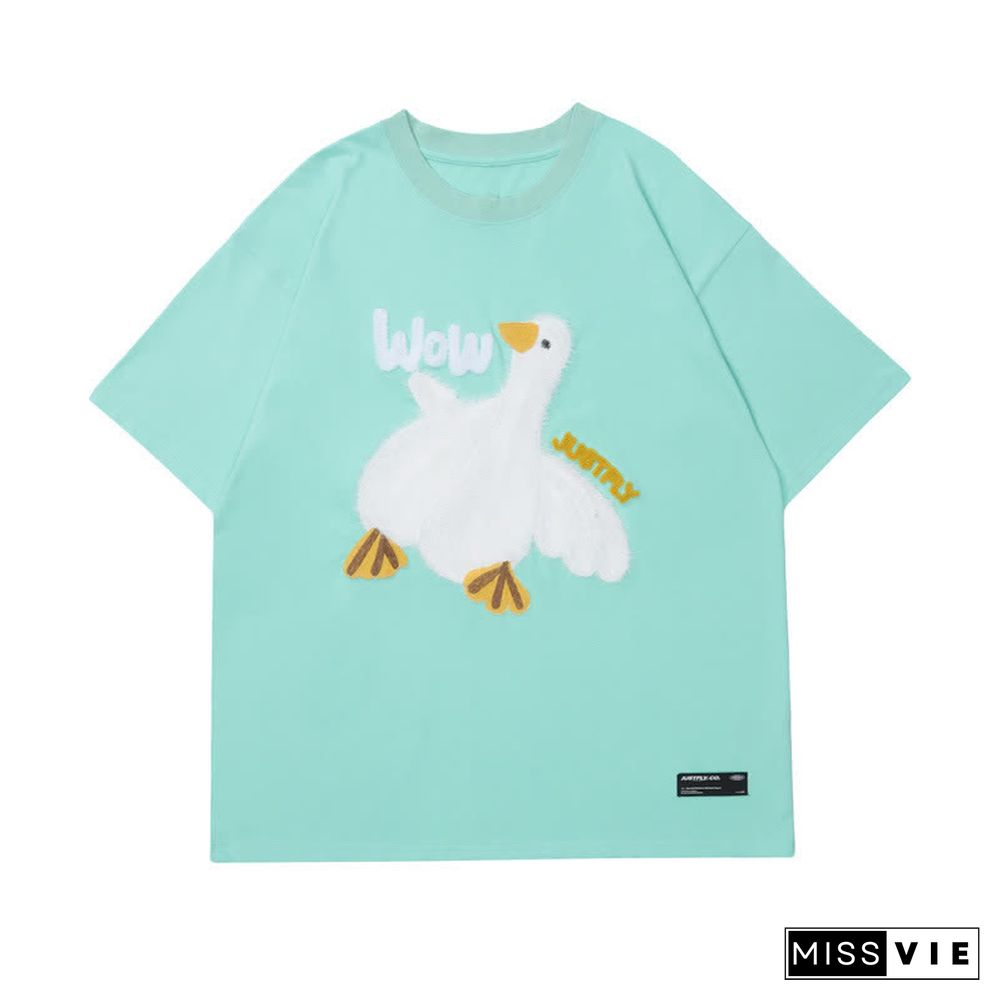 Cartoon Duck Embroidery Round Collar Casual T-Shirt
