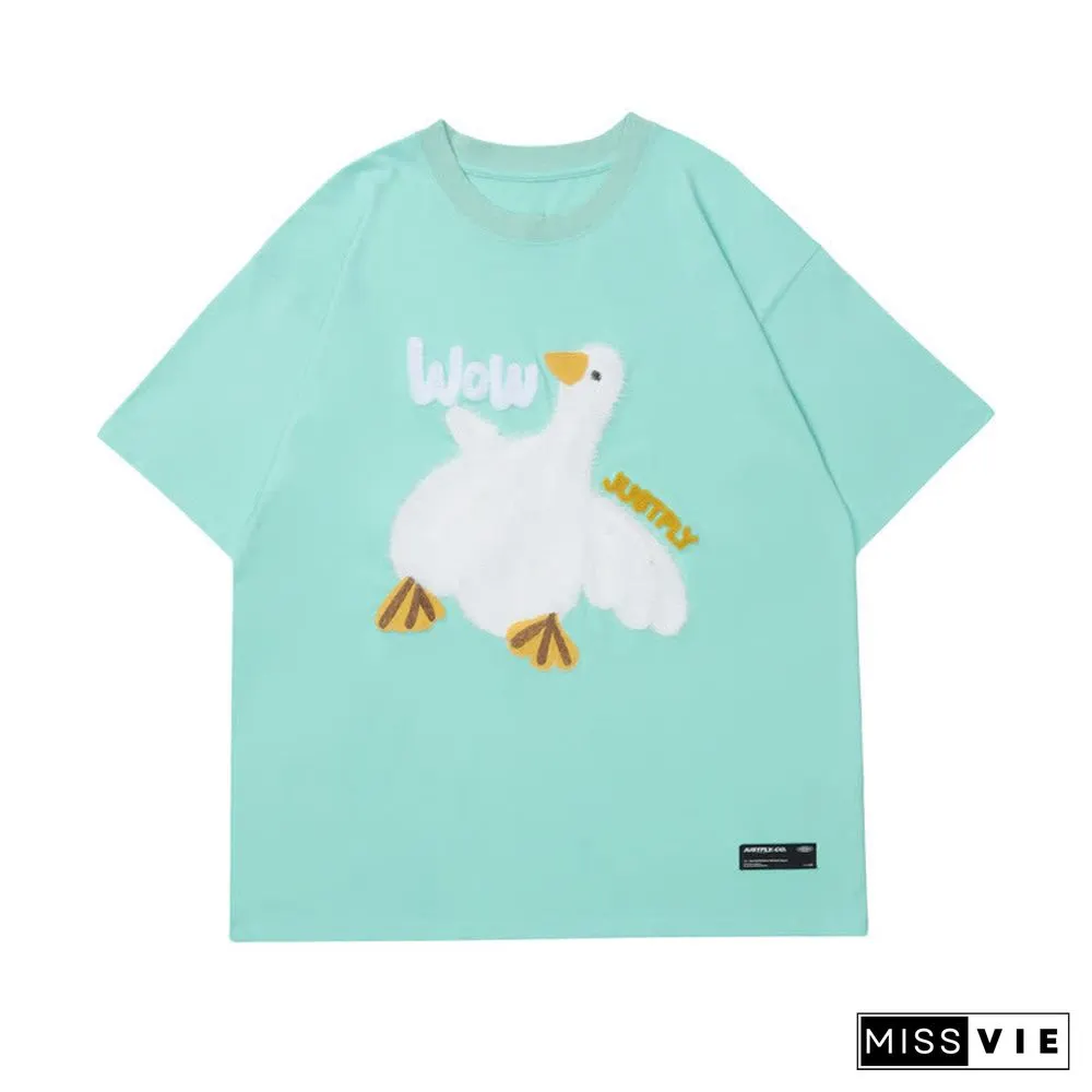 Cartoon Duck Embroidery Round Collar Casual T-Shirt