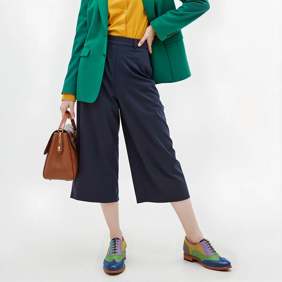 Multicolor Vegan Leather Round Toe Lace-Up Flat Wingtip Shoes
