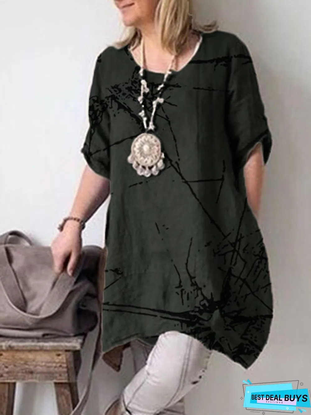 Crew Neck Short Sleeve Tunic Top
