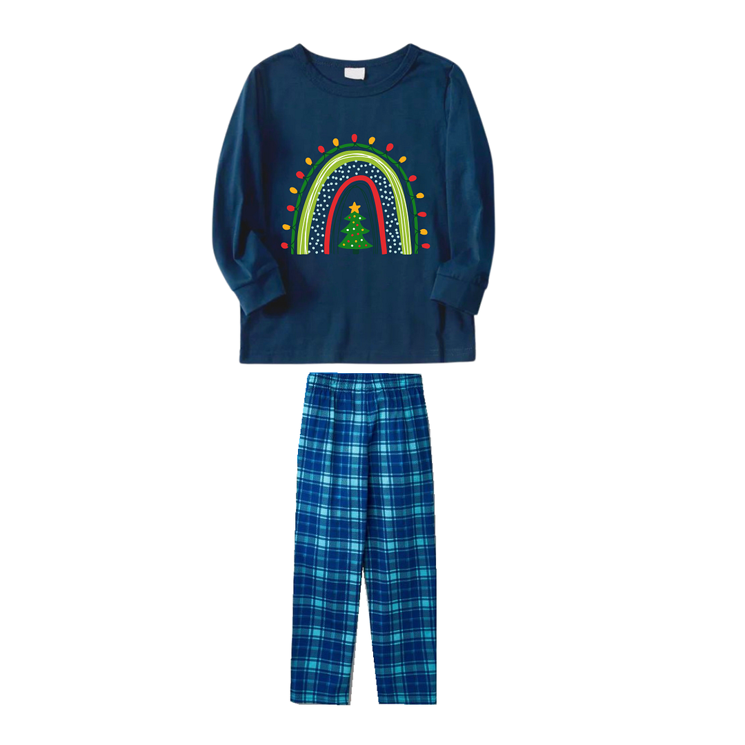 Christmas Light and Tree Printed Blue Long Sleeve Top With Blue Plaid Family Matching Pajamas