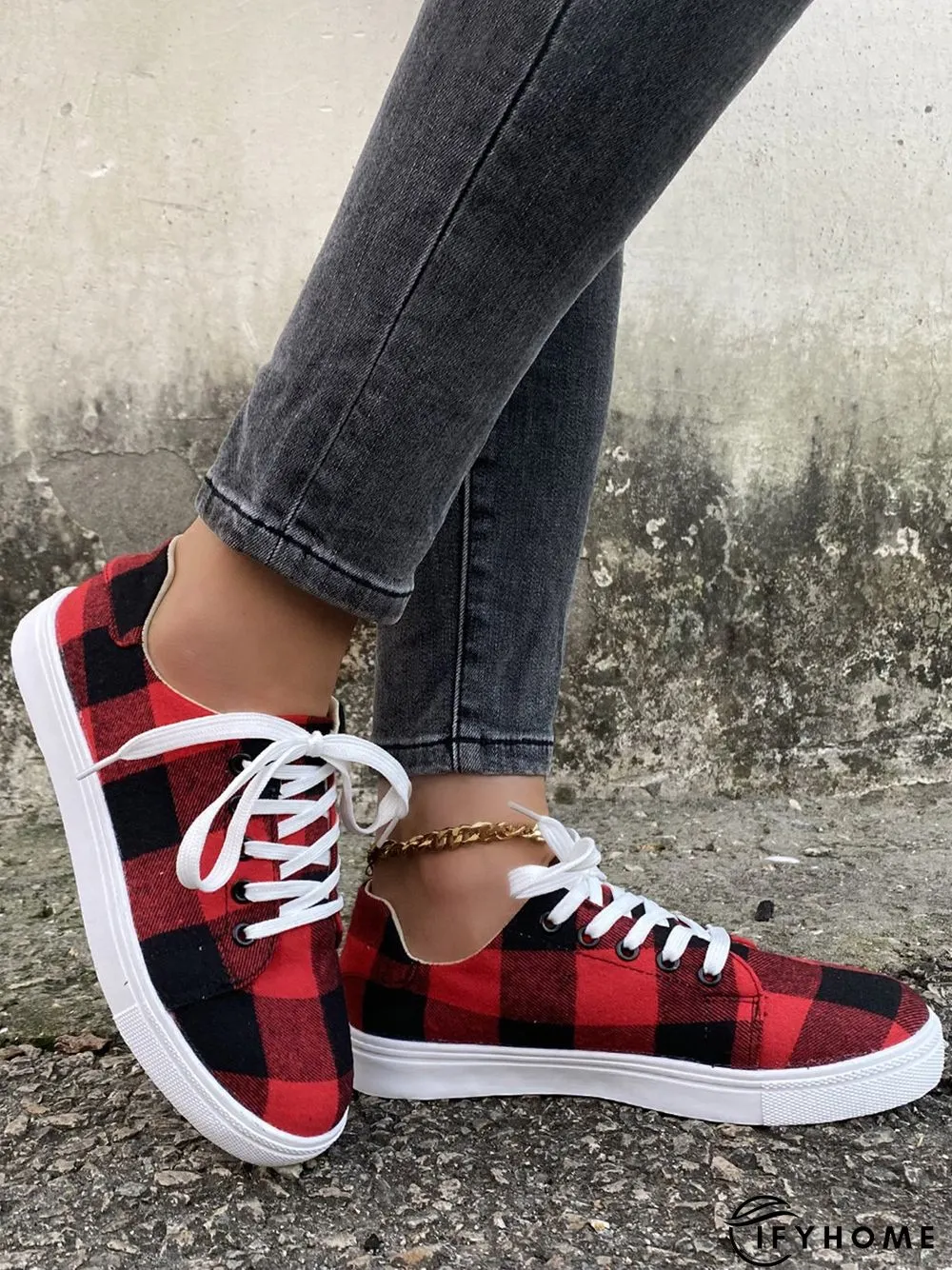 Christmas Red Plaid Black And White Plaid Leopard Casual Flat Shoes | IFYHOME