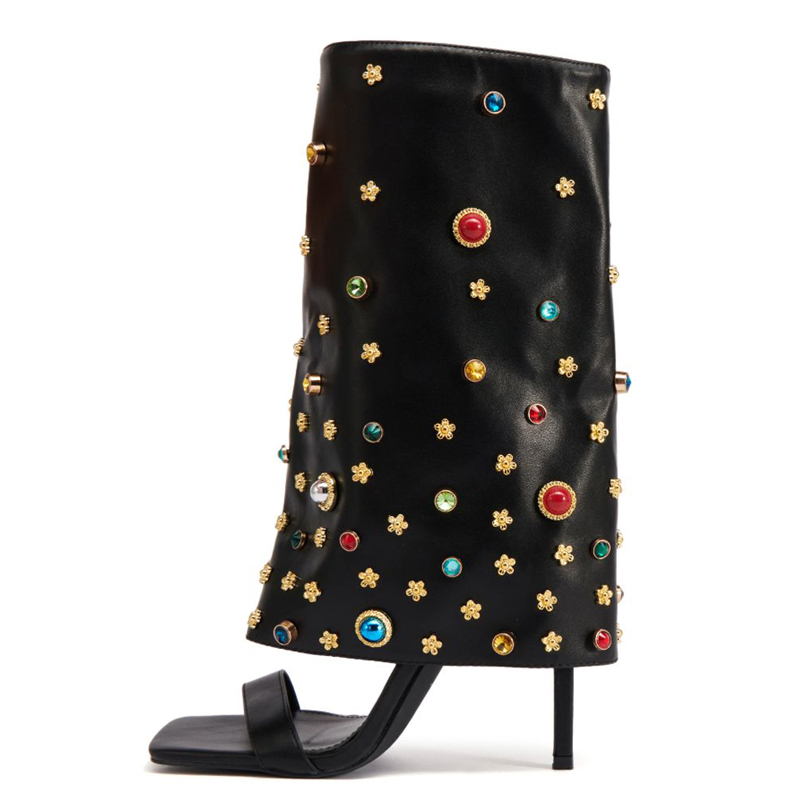 GOOSHOE Women's Colorful Diamonds Overlay Short Boots Single Band Side Zipper Ankle Boots Thin High Heels Sandals