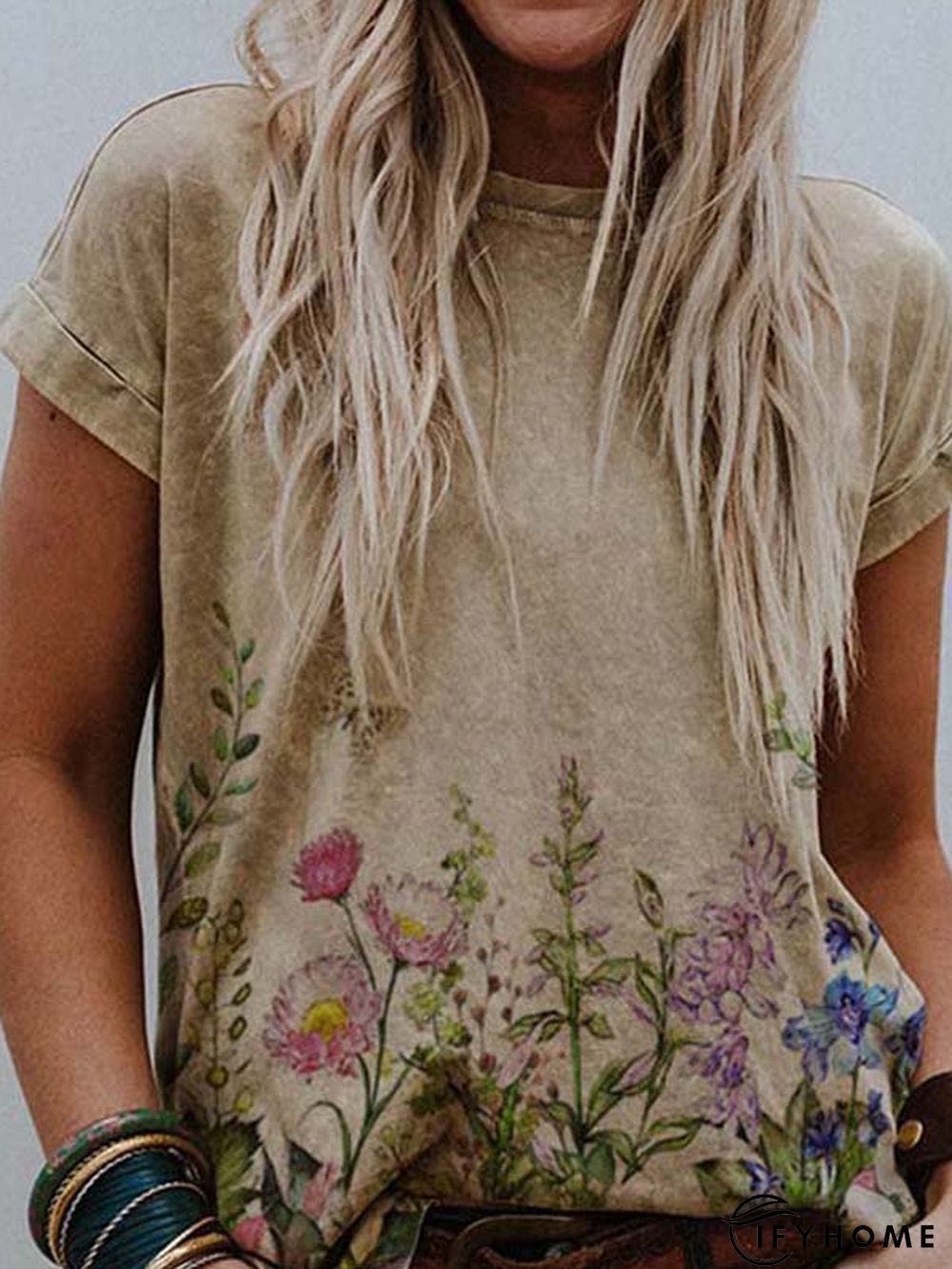 Crew Neck Floral-Print Cotton-Blend Short Sleeve T-shirt | IFYHOME