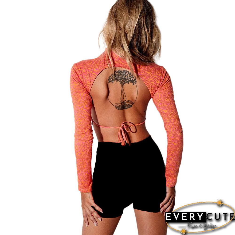Orange Printed Long Sleeve Crop Top