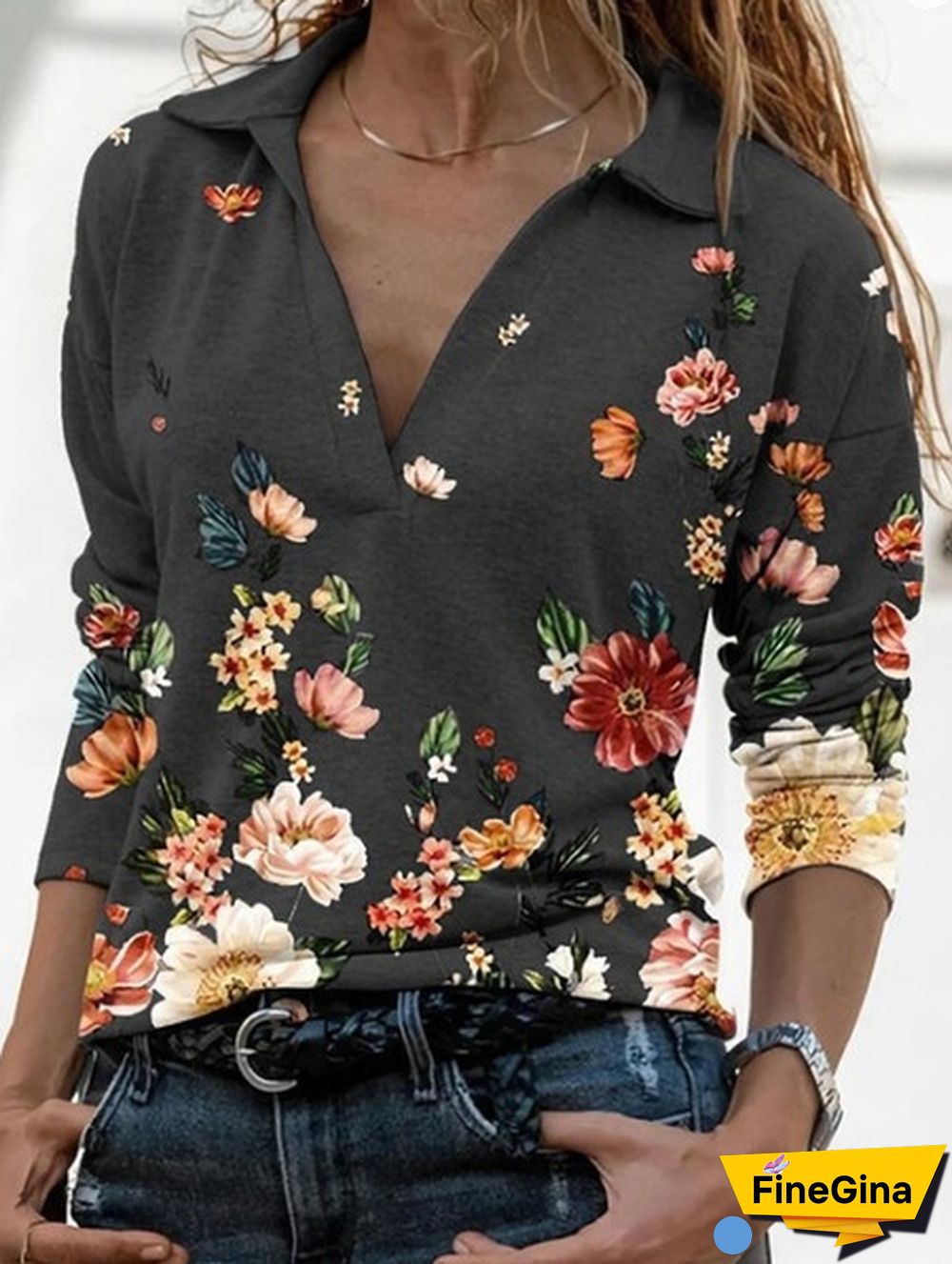 Spring Casual Floral Printed Tops Women Fashion Stand Collar Long Sleeve Shirt Pullover Slim Fit Blouses Size S-2XL
