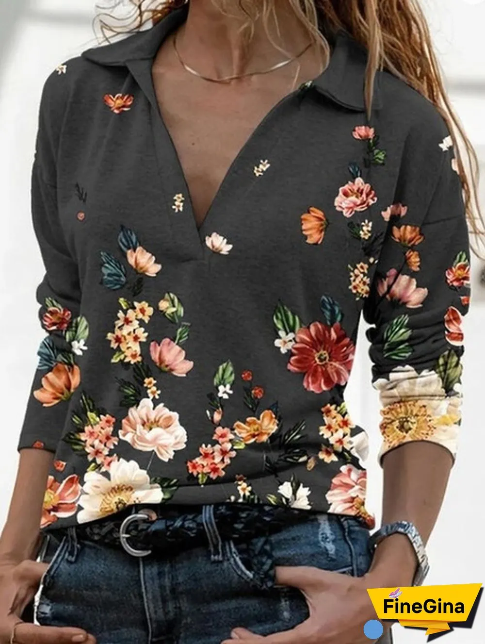 Spring Casual Floral Printed Tops Women Fashion Stand Collar Long Sleeve Shirt Pullover Slim Fit Blouses Size S-2XL