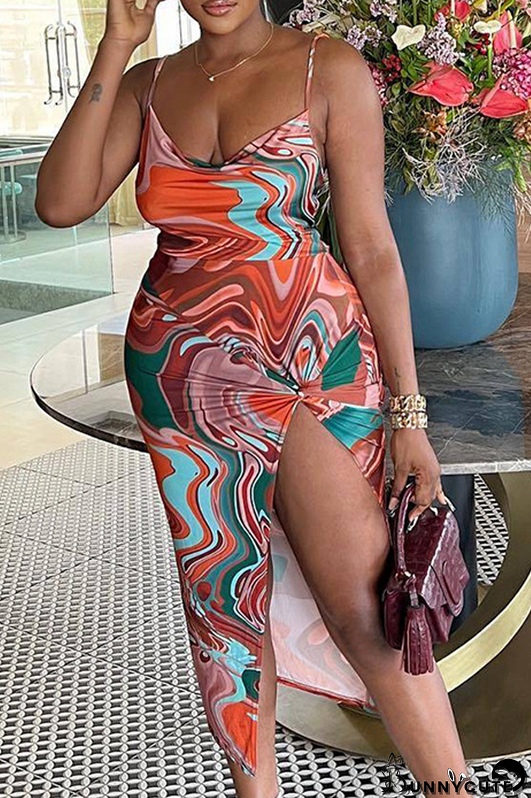 Brownness Sexy Print High Opening Spaghetti Strap Irregular Dress Dresses