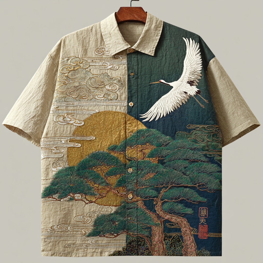 Japanese Pine And Crane Embroidered Button-down Linen Shirt