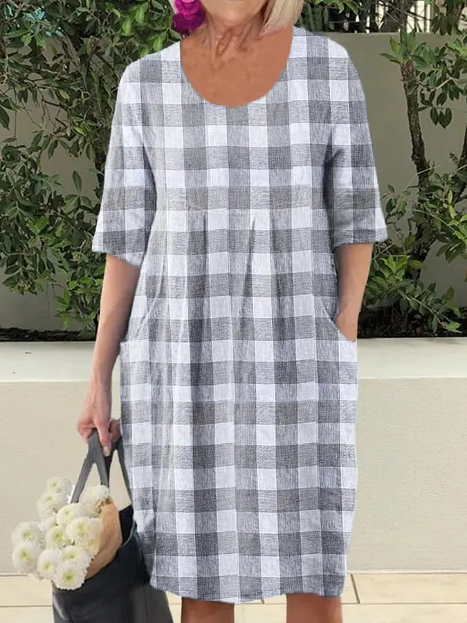 Women's Casual Plaid Round Neck Pocket Dress