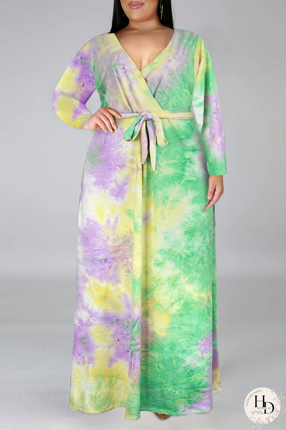Colour Fashion Casual Print Tie-dye V Neck Long Sleeve Plus Size Dress