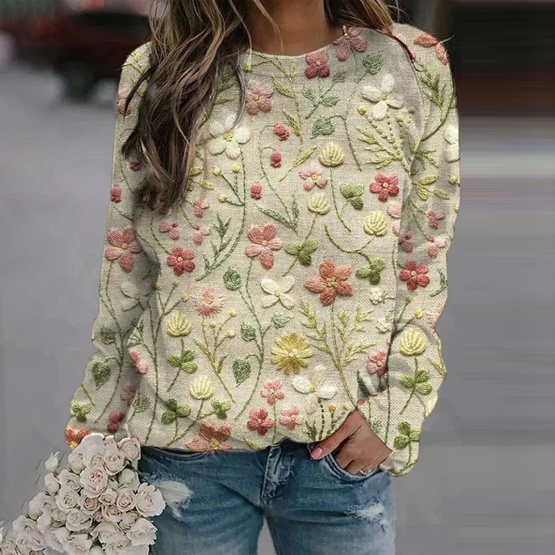 Floral Print Crew Neck Long Sleeve Casual Sweatshirt artswardrobe