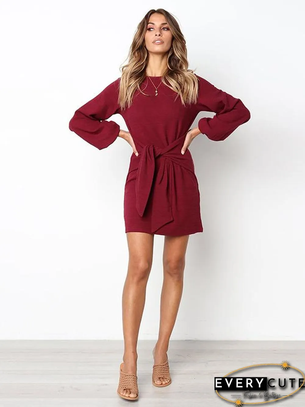 Long Sleeves Round Neck Waist Wrap Mini Dress