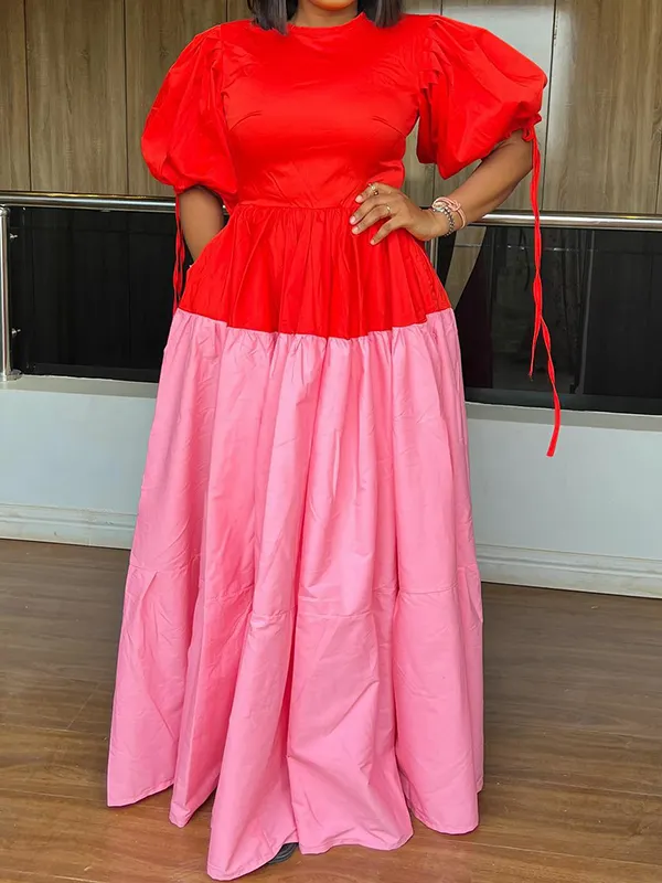Color-Block Drawstring Ruffled Empire Short Sleeves Round-Neck Maxi Dresses