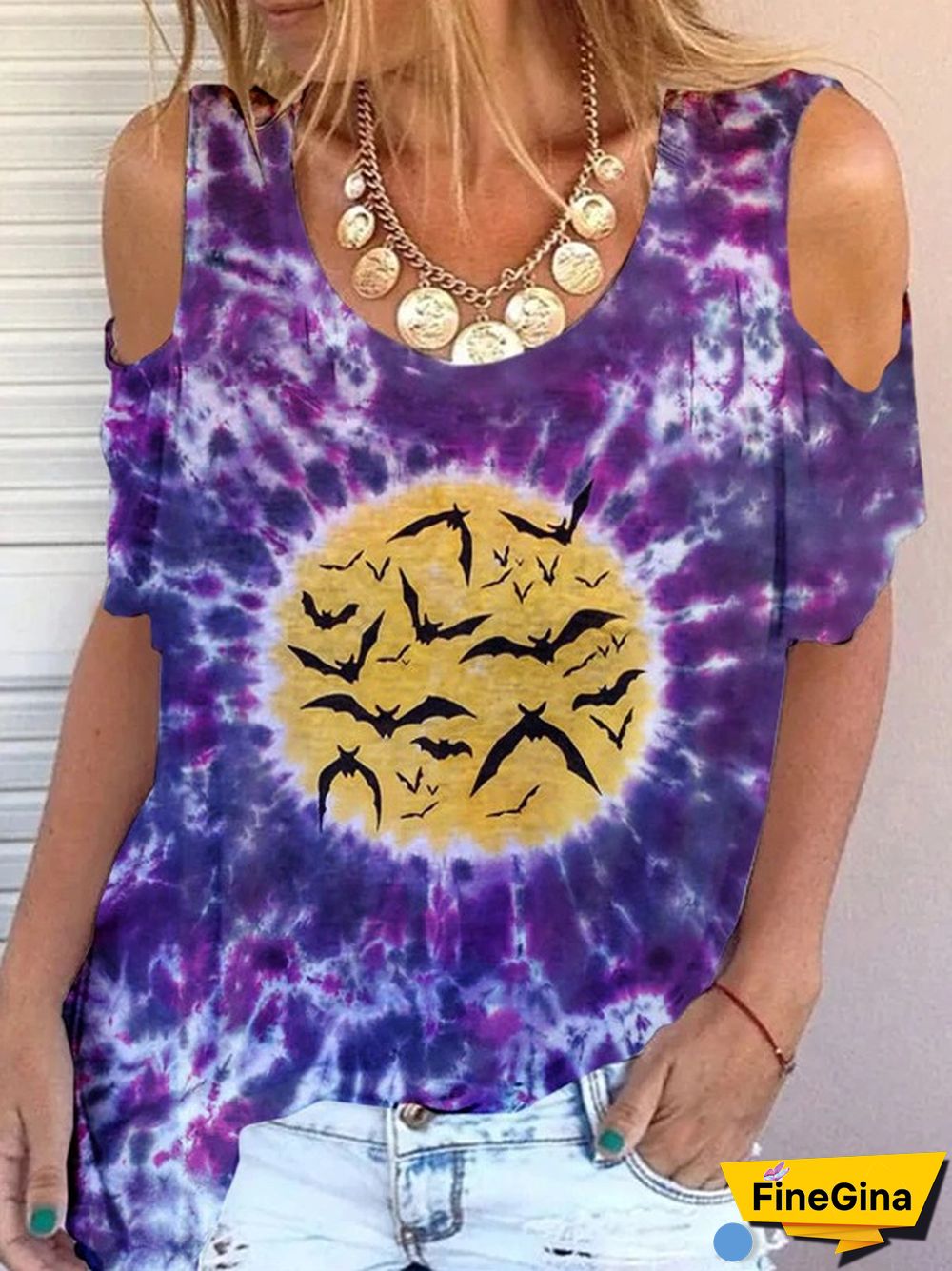 Halloween Tie-dye Bat Print Off-shoulder T-shirt