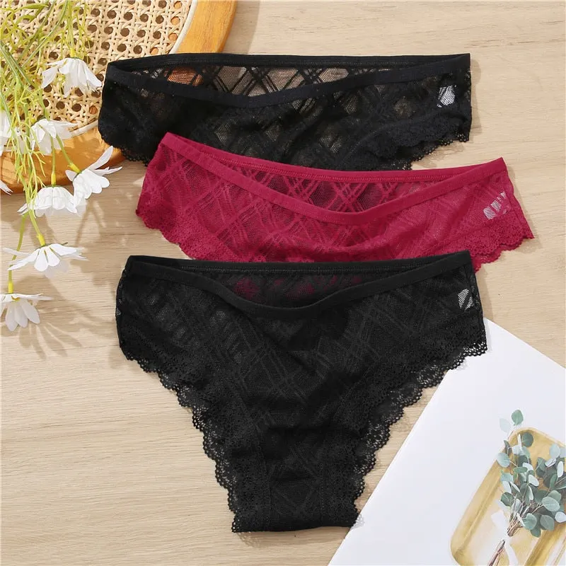 FINETOO M-2XL Sexy Lace Panties Women 3Pcs/set Low Waist Lattice Underwear Ladies Transparent Panty Female Underpants Lingerie