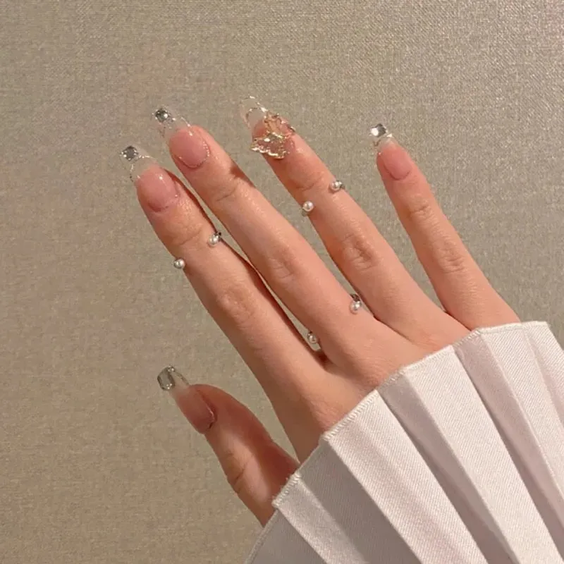 24pcs Butterfly Nail Patch Glue Type Removable Long Paragraph Fashion Manicure Wearable False Nails Patch With Glue Fake Nails-Nail Inspo