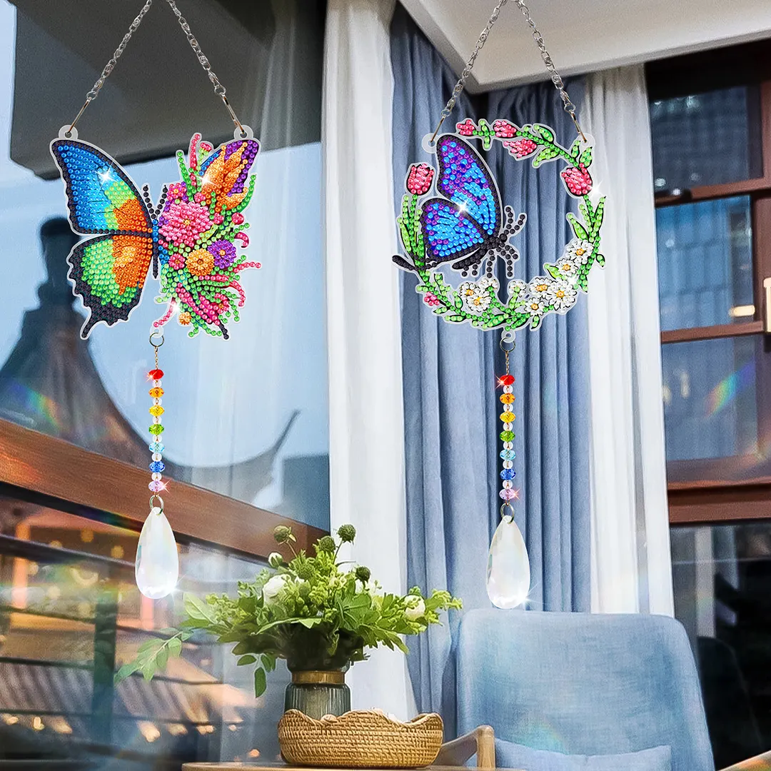 2Pcs Wreath Butterfly DIY Double-Sided Diamond Painting Hanging Kits Diamond Painting Suncatcher Craft Kit for Home Garden Wall Decor Gift