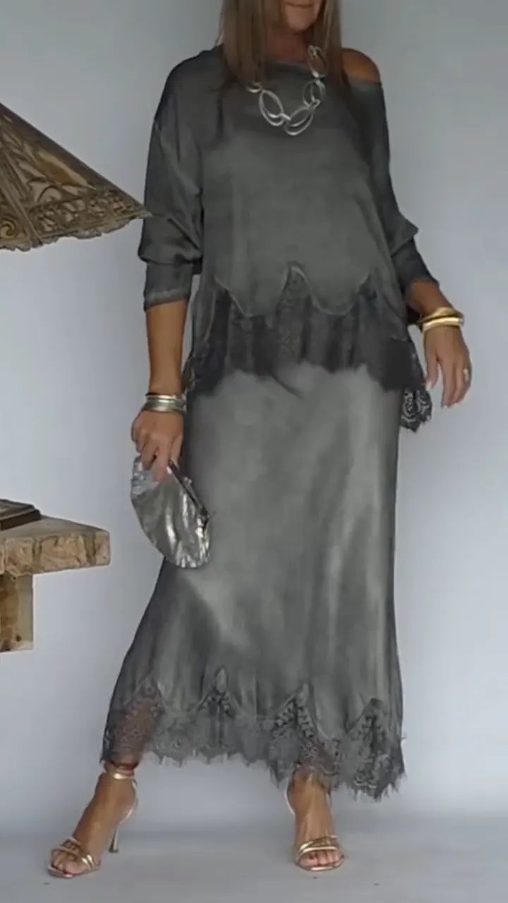 Grey Lace-Trimmed Dress Set