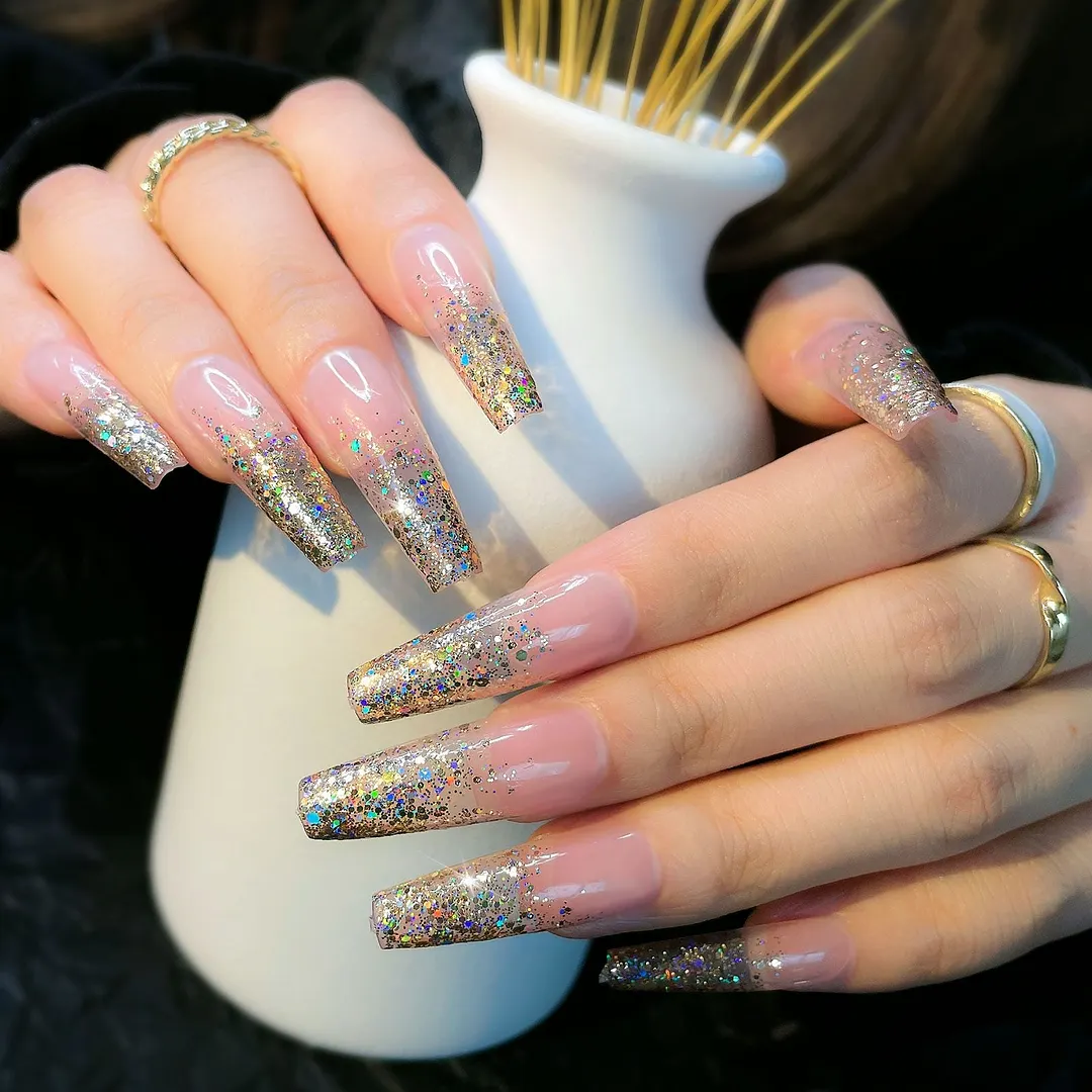 24pcs Extra Long Matte Fake Nails Ballerina Coffin Dark Blue Colorful Rhinestone Decals False Nails with designs Nail Art-Nail Inspo