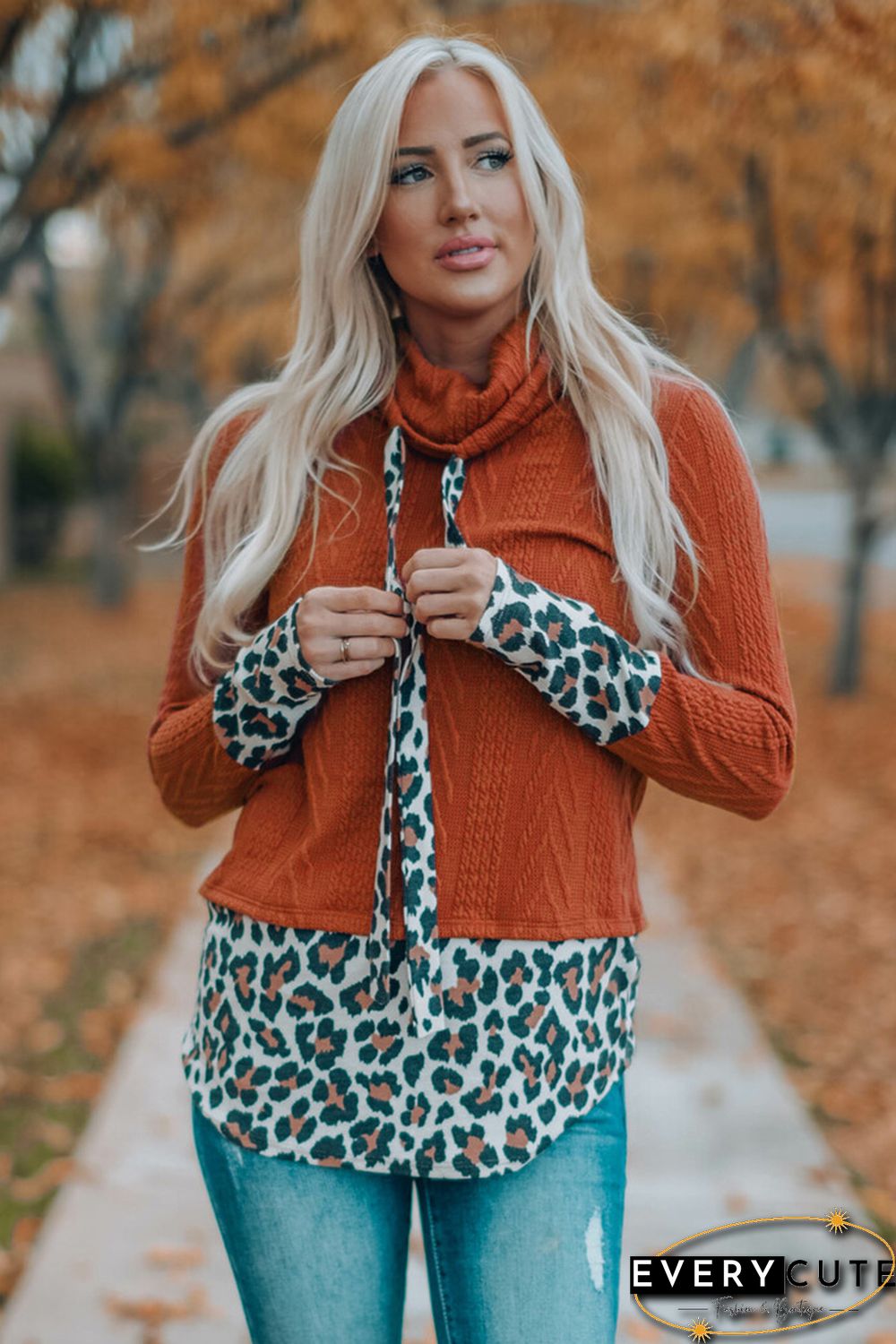 Leopard Patchwork Cowl Neck Knit Top