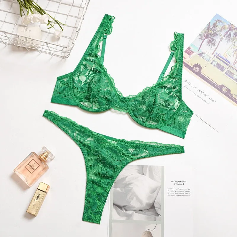Yimunancy 2-Piece Lace Bra Set Women Bra Underwire + Panty 2021 Summer Lingerie Set  Ladies Sexy Underwear Set