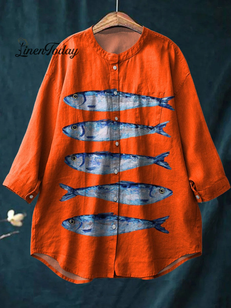 Vintage Lovely Sardines Art Print Casual Cotton And Linen Shirt Orange / S