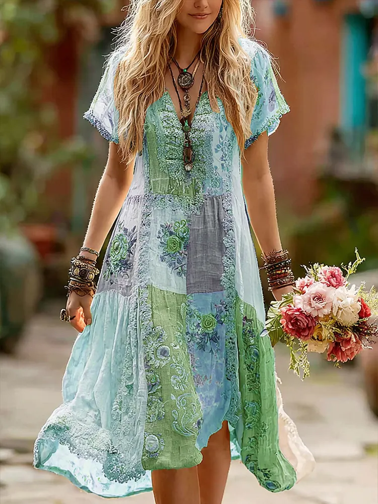 Women's Retro Floral Splicing Cotton And Linen Long Dress