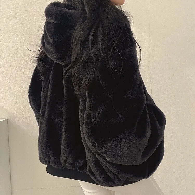 Casual Loose Reversible Faux Fur Hoodie Zip-up Long Sleeve Jacket