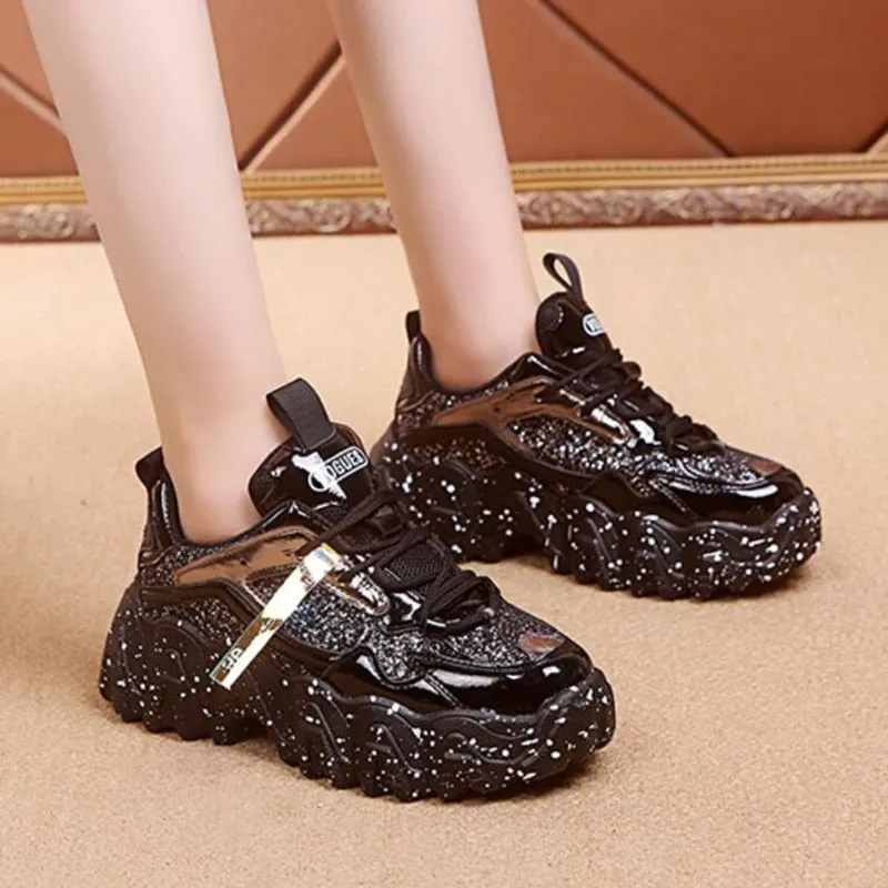 Fashion Women Shoes Dad Chunky Sneakers Women Luxury Comfortable Glossy Thick Sole Ladies Platform Wave Bottom Trainers Female