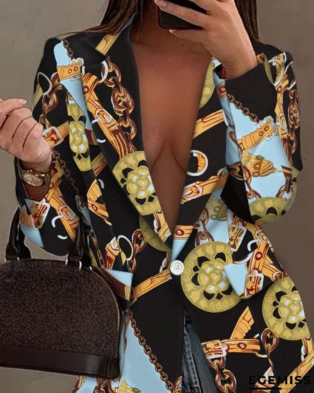 Chain Scarf Print Lapel Collar Single Button Blazer | EGEMISS