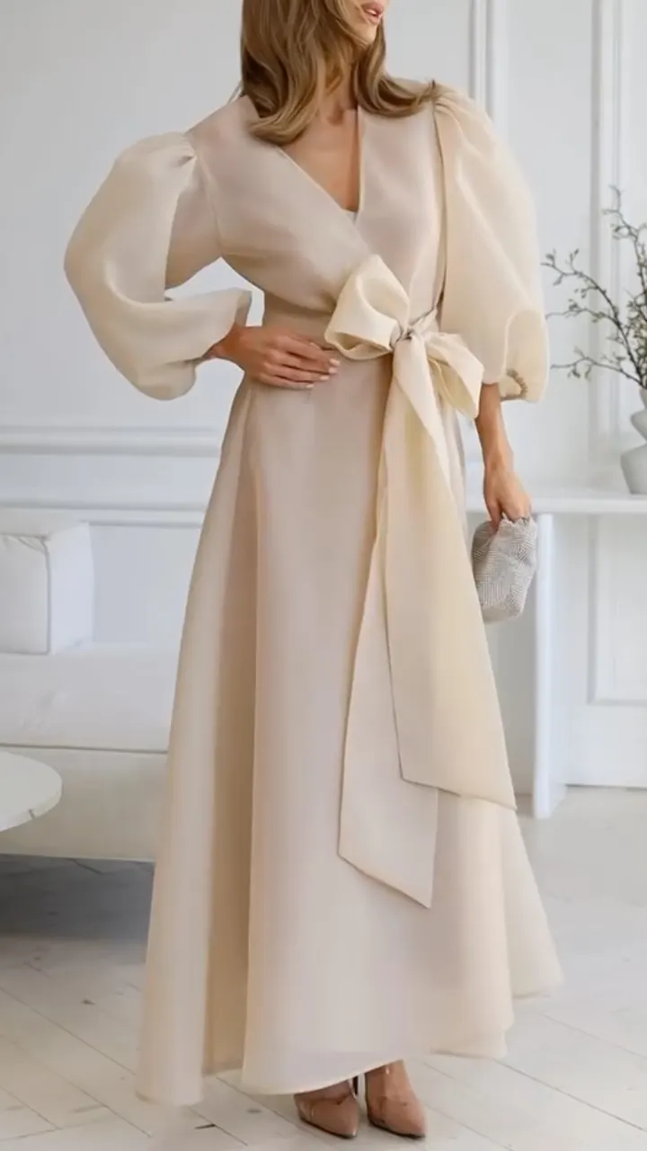 Two Piece Champagne Satin Midi Dress with Organza Puff Sleeve Cardigan
