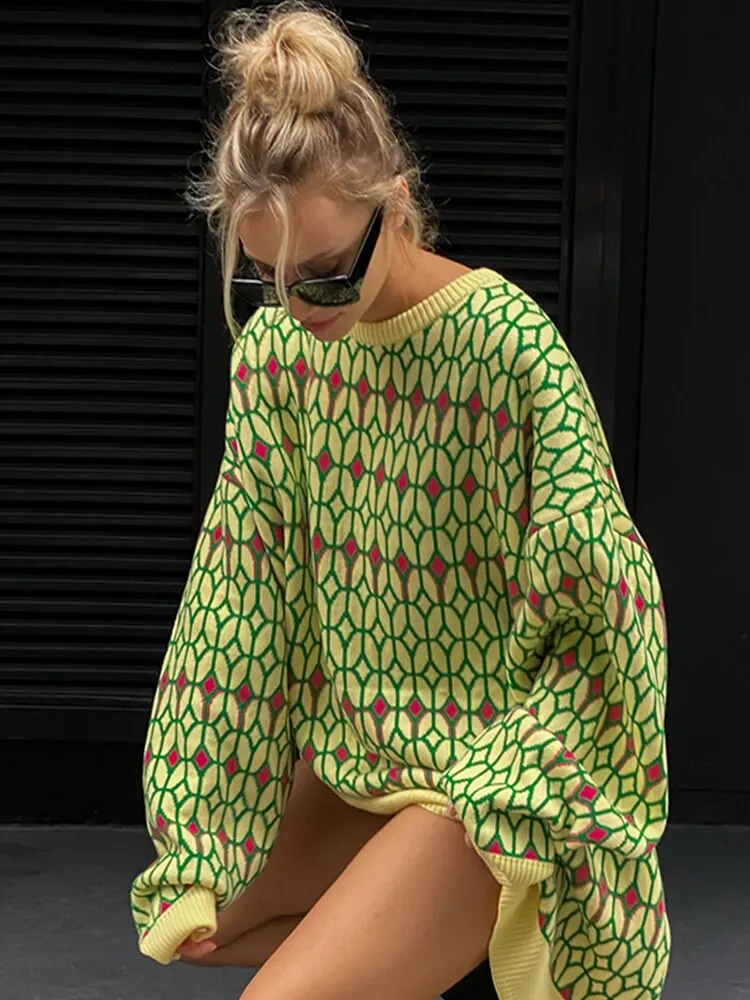 WannaThis Knitted Sweater Patchwork Print Pullover Women Autumn Basic Oversized Long Sleeve Casual Vintage Streetwear Tops 2021