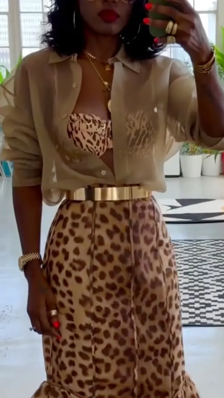 Leopard Print Midi Skirt & Sheer Shirt Outfit