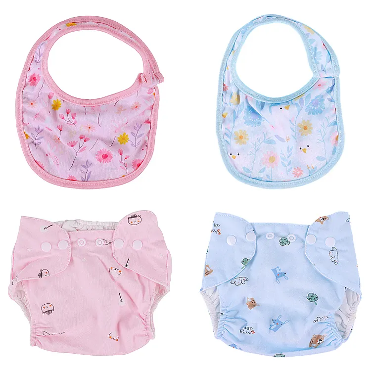 For 17"-22" Reborn Baby Doll Blue & Pink Animal Bib Diaper Set