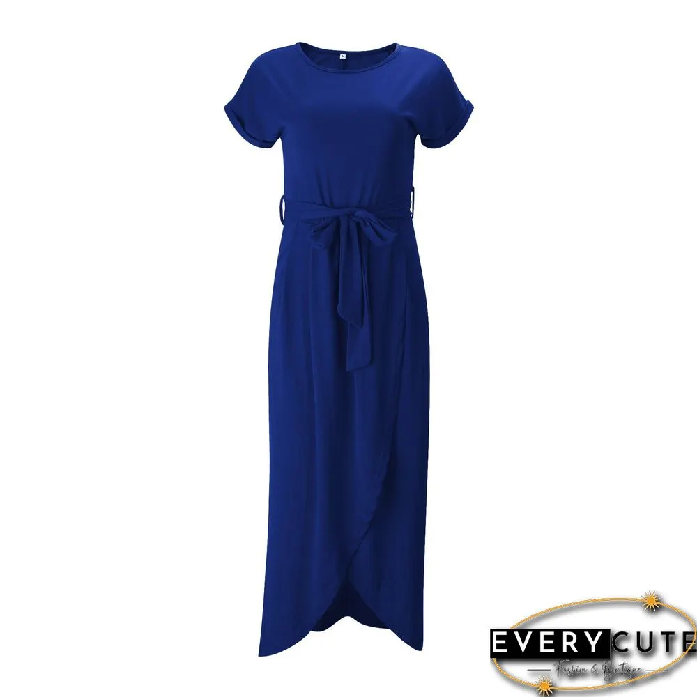 Solid Color Split-front Round-neck Maxi Dress
