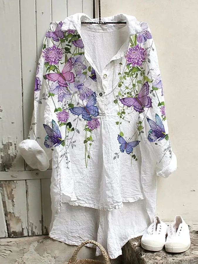 Womens Loose Versatile Flower Butterfly Printed Long -Sleeved Shirt