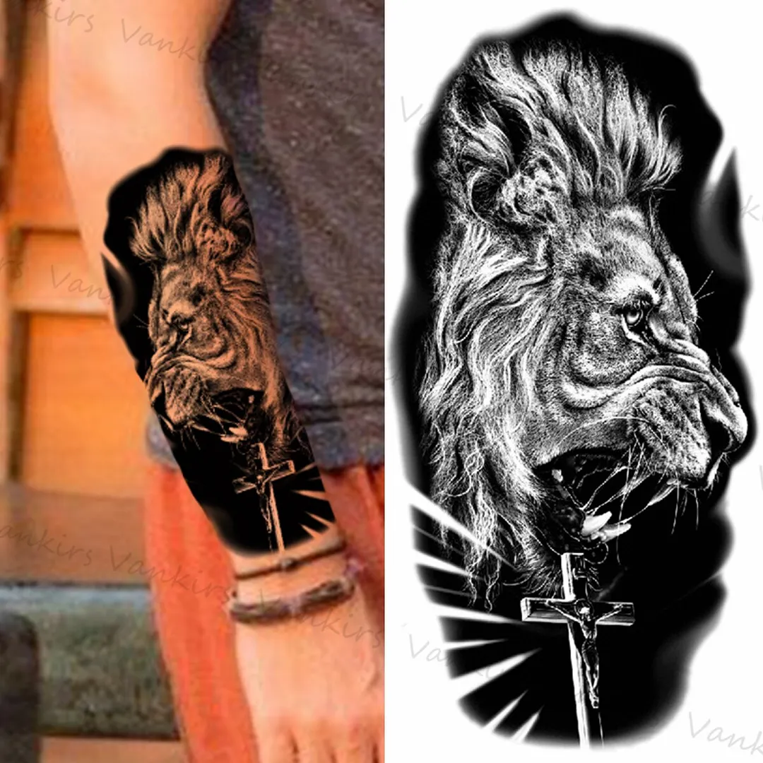 Sdrawing Lion Crown Temporary Tattoos For Women Men Wolf Compass Tiger Mountain Flower Fake Tattoo Sticker Arm Body Tatoos