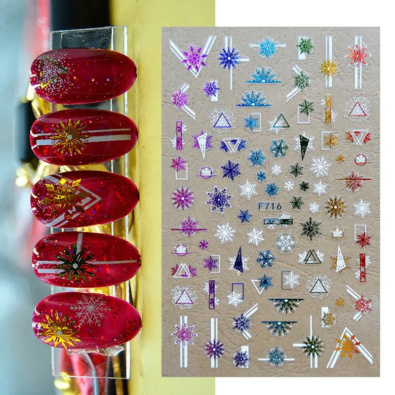 Sliver Bronzing 3D Christmas Nail Art Decoration Sticker Sparkly White Colorful Glitter Geometry Snowflake Winter Slider Foil