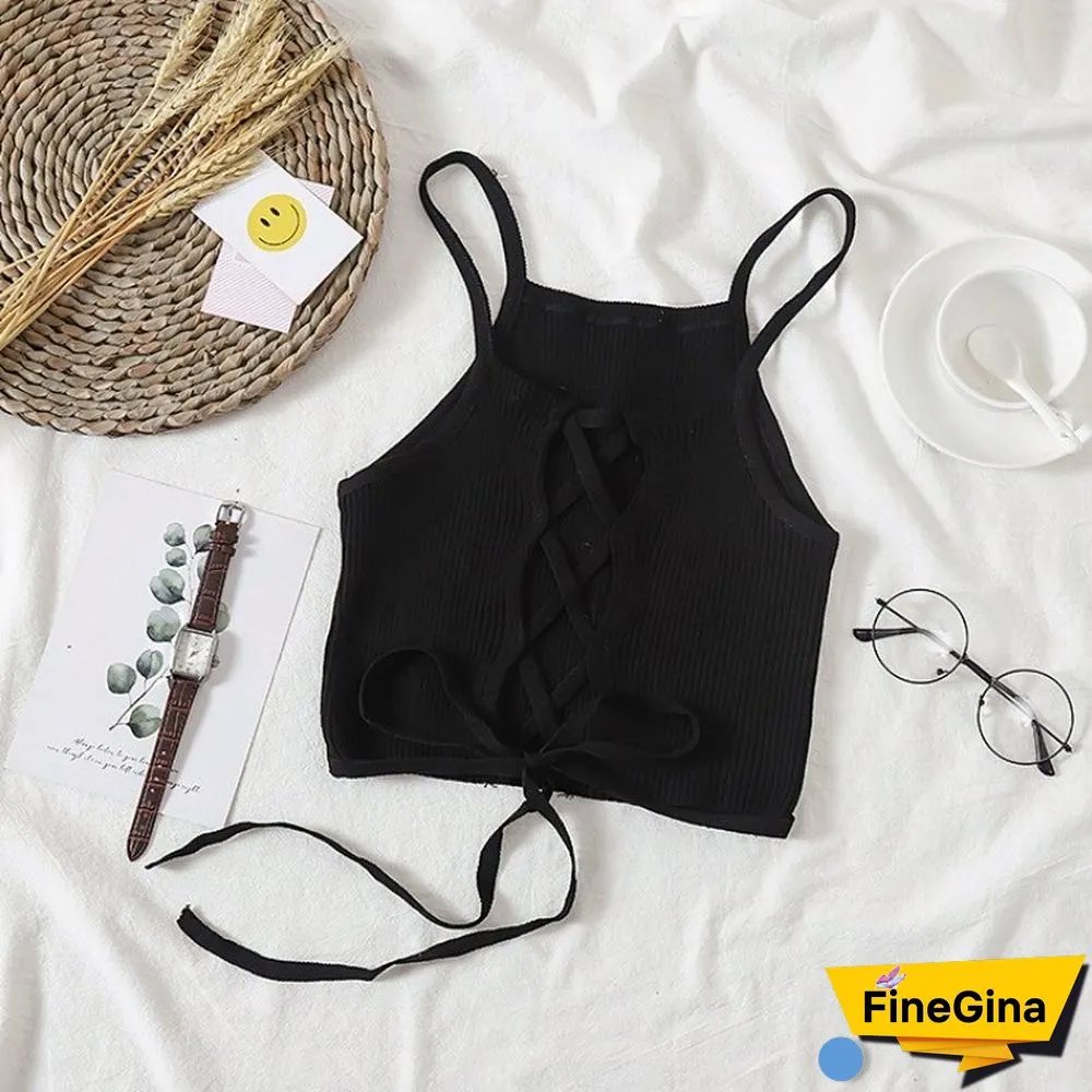 Women Crop Top Knitted Bandage Tops Spaghetti Club Camis Halter Tank Top Female Bare Midriff Solid Camisole Summer