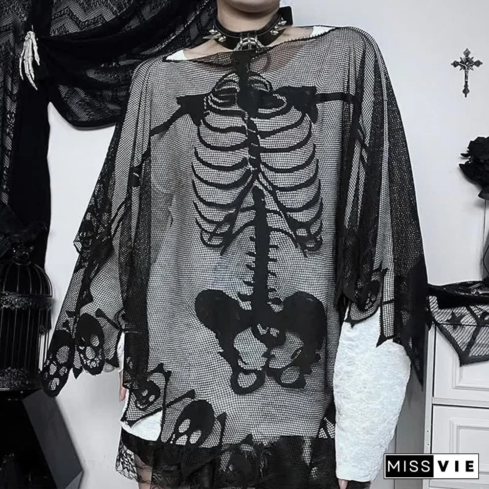 Halloween Gothic Skeleton Skull Print Lace Cloak