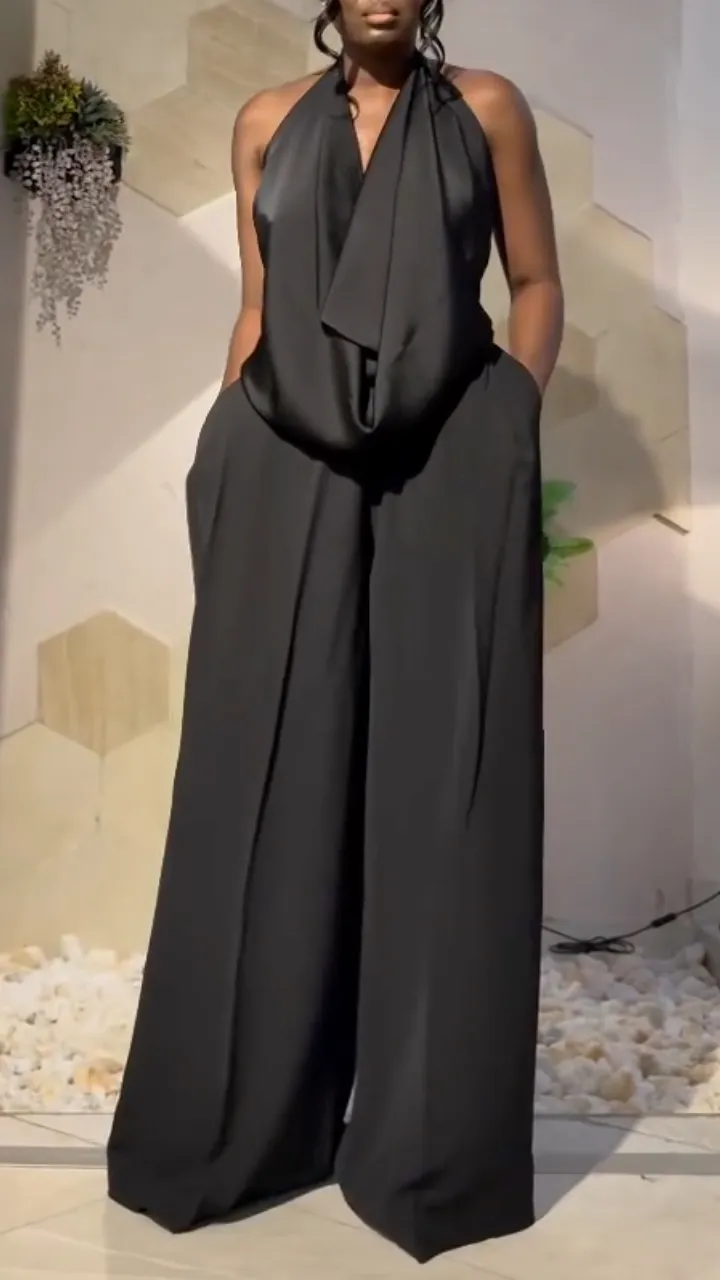 Women's V-Neck Halter-Style Draped Satin Set