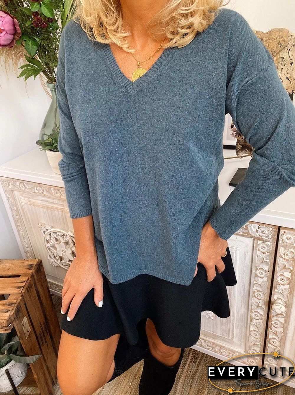 Solid Long Sleeve V Neck Casual Sweater