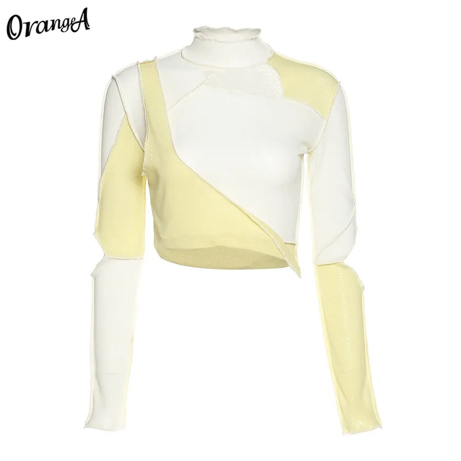 OrangeA Women Casual Summer Long Sleeve t-Shirt Asymmetry Patchwork Crop Tops Turtleneck Elastic Hight Skinny Fashion Streetwear