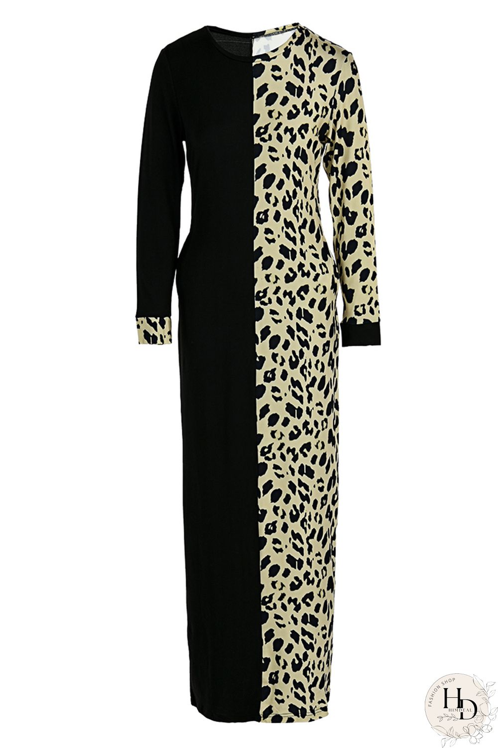 Rose Red Fashion Casual Print Leopard Split Joint O Neck Long Sleeve Dress