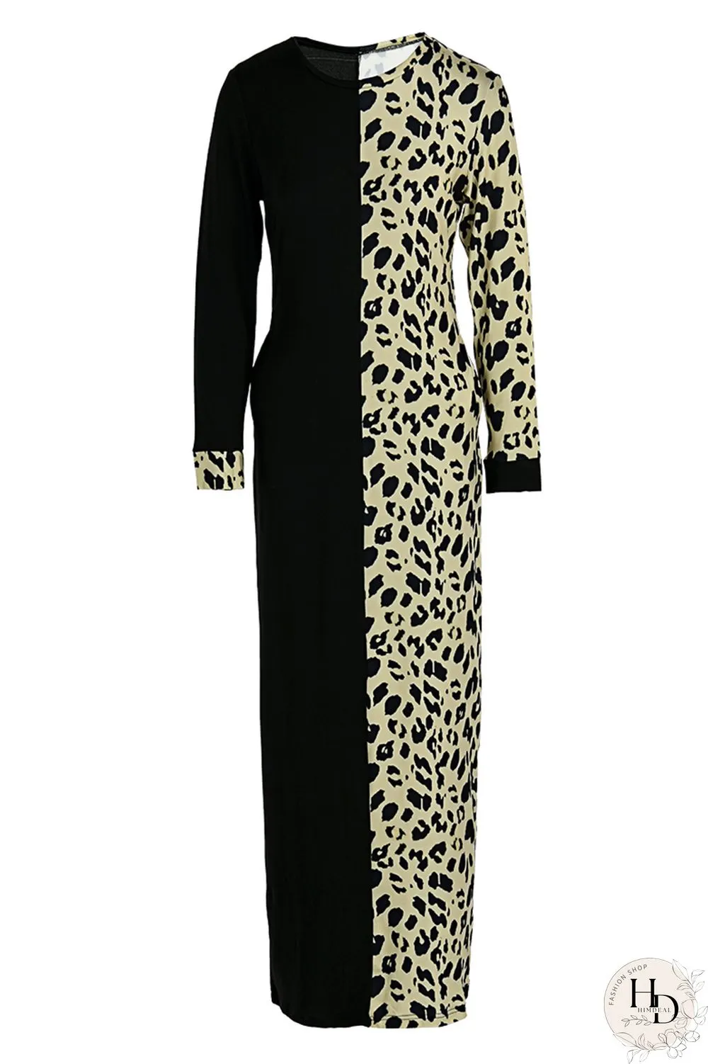 Rose Red Fashion Casual Print Leopard Split Joint O Neck Long Sleeve Dress