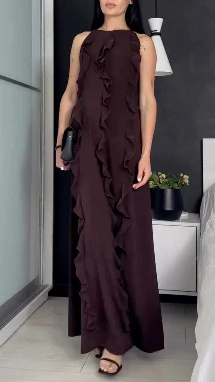 Women's Sleeveless  Ruffle Trim Maxi Dress
