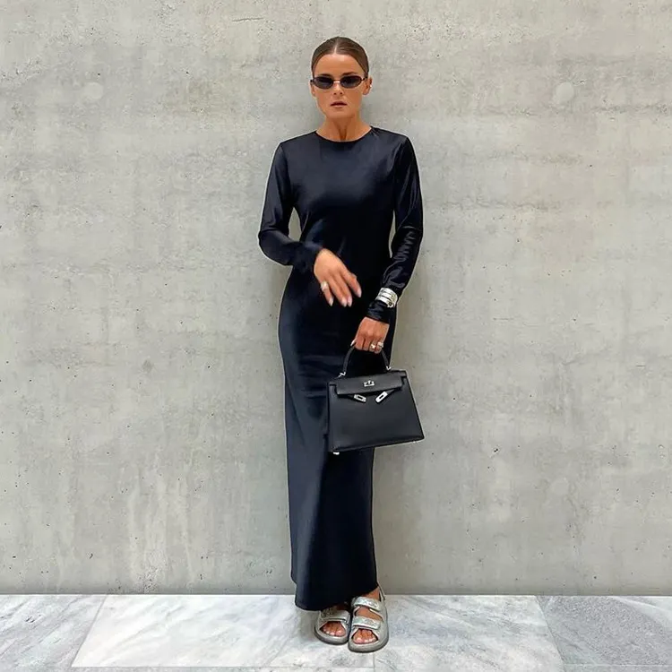 Uveng Uveng Women's Early Spring New Satin Hanging Feeling Long Skirt Round Collar High Waist Fashion Long-Sleeved Dress