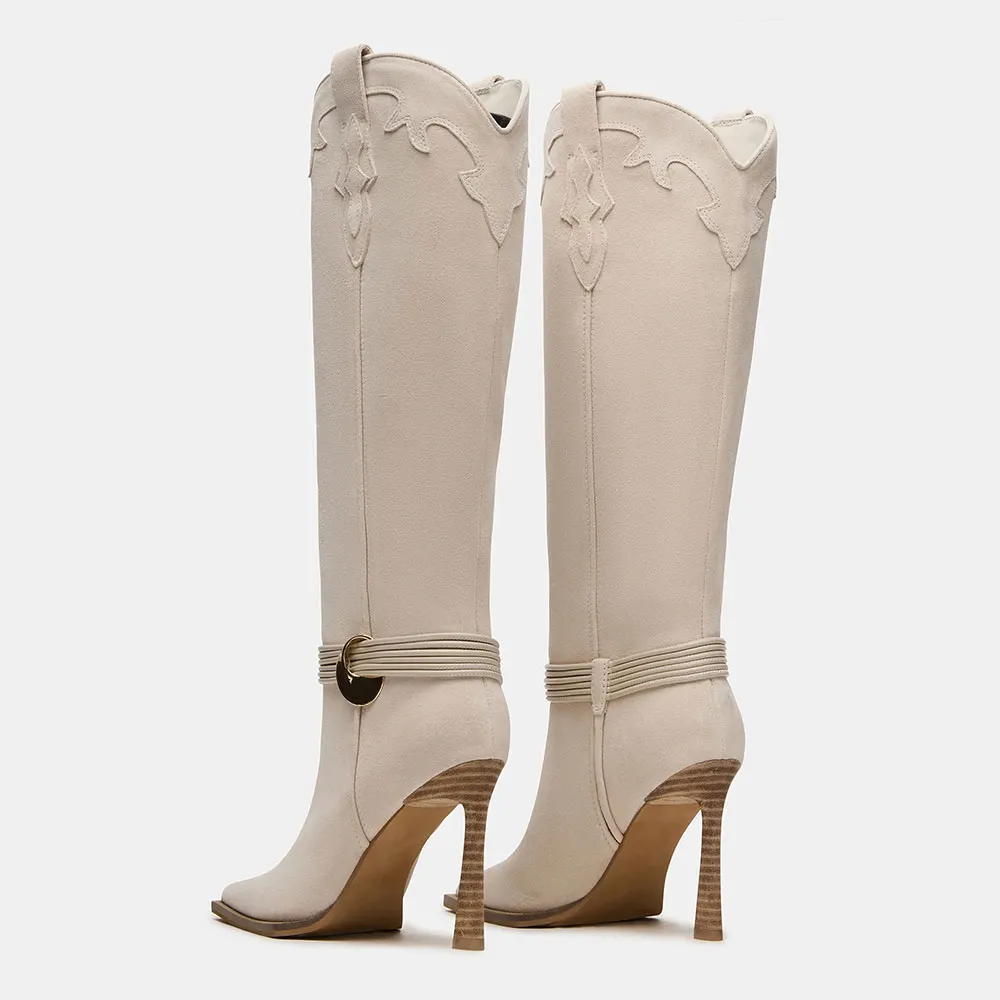 Ivory Pointed Toe Patchwork Knee High Heel Cowgirl Boots with Ring